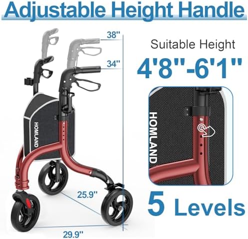 3 Wheel Walkers for Seniors, Foldable Wheeled Rollator with Cane Hold and Cup Hold, Lightweight Three Wheel Rolling Walker Height Adjustable for Seniors,Burgundy