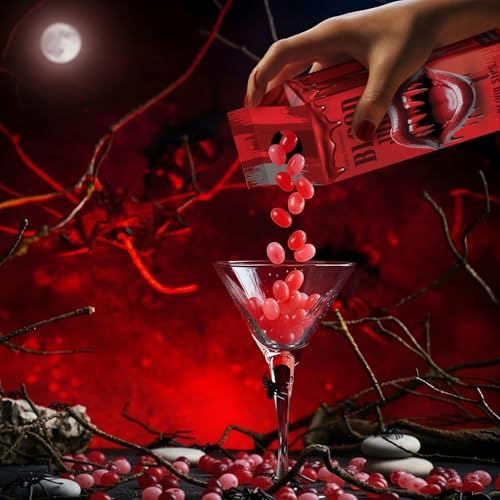 Blood Juice Halloween Jelly Beans - 4 Pack Red Bottle Cartons Filled with Red Jelly Bean Candy - Spooky Prank Novelty Gift for Party, Haunted Houses, Vampire & Horror Favors