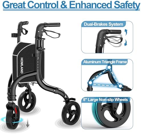 HOMLAND 3 Wheel Walkers for Seniors, Foldable Wheeled Rollator with Cane Hold and Cup Hold, Lightweight Three Wheel Rolling Walker Height Adjustable for Seniors