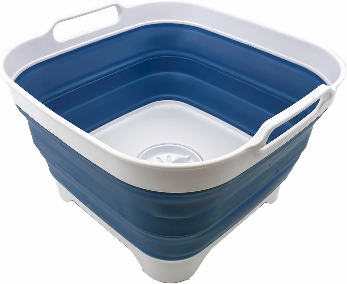 SAMMART 10L (2.64 Gallon) Collapsible Dishpan with Draining Plug - Foldable Washing Basin - Portable Dish Washing Tub - Space Saving Kitchen Storage Tray (White/Metalic Blue)