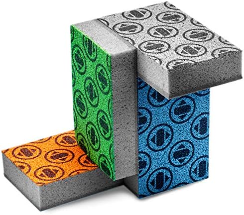 Skura Style Sponges & Scouring Pads Set — 4 Odor Free, Non-Scratch Kitchen Sponges + 4 Very SKRUBBY Heavy-Duty Scouring Pads for Caked-On/Baked-On Messes