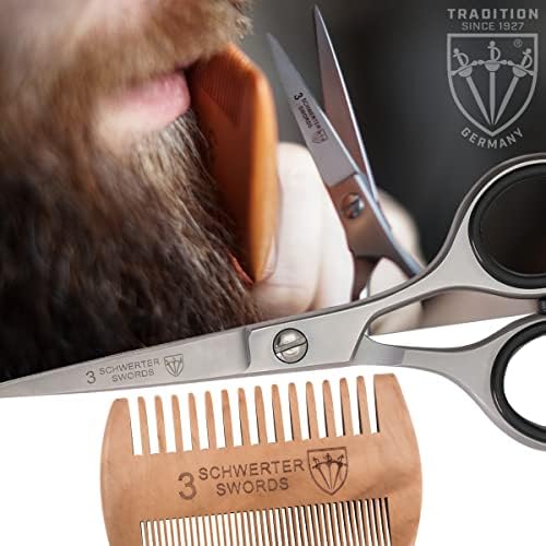 3 Swords Germany – professional BEARD MUSTACHE HAIR SCISSORS with BEARD COMB, stainless steel, straight blade, sharp, with black case