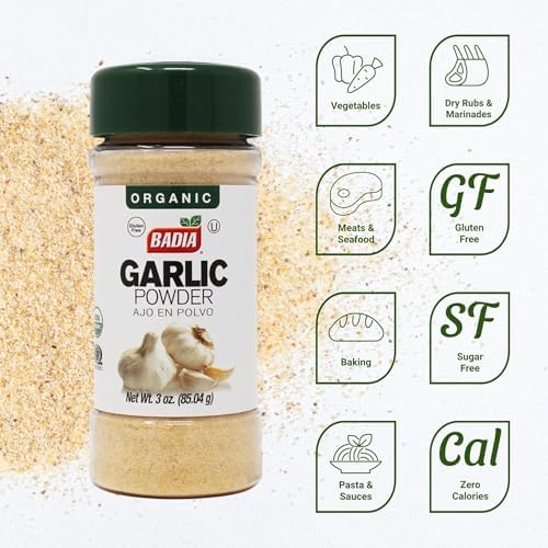 Badia Organic Garlic Powder, 3 oz – Premium Garlic Powder, Freshly Ground & Flavorful