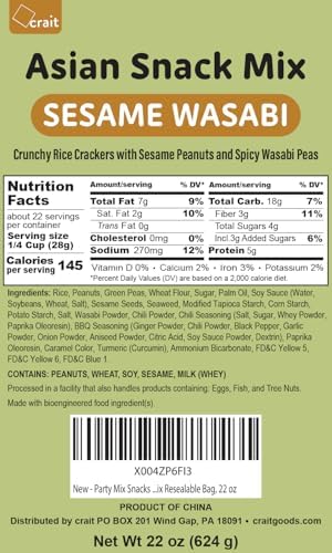 Rice Crackers Mix with Wasabi Peas, Crunchy Coated Peanuts, Cracker Nuts, Japanese Peanuts, Resealable Bag, 22 oz