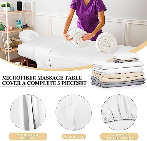 Kinlop 3 Sets Microfiber Massage Table Sheet Set 3 Colors 3 Piece Set Includes Massage Flat Sheet Fitted Sheet and Massage Face Rest Cover Stain Wrinkle-Resistant(Light Gray, Beige, White)