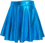 EXCHIC Women's Shiny Metallic Wet Look Stretchy Flared Mini Skater Skirt