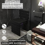 Folding Wall Mounted Teak Wood Shower Seat with Backrest, Water Resistant Foldable Bathroom Stool with Legs, Premium Materials Handmade Shoe Changing Bench, Space Saving and Super Safe Chair (Black)