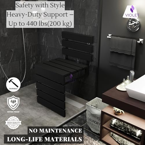 Folding Wall Mounted Teak Wood Shower Seat with Backrest, Water Resistant Foldable Bathroom Stool with Legs, Premium Materials Handmade Shoe Changing Bench, Space Saving and Super Safe Chair (Black)
