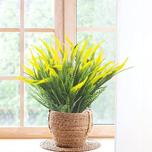 Grunyia 10 Bundles Artificial Plants Outdoor Fake Grass with Flowers UV Resistant Greenery Garden Porch Window Box Decorating (Yellow)