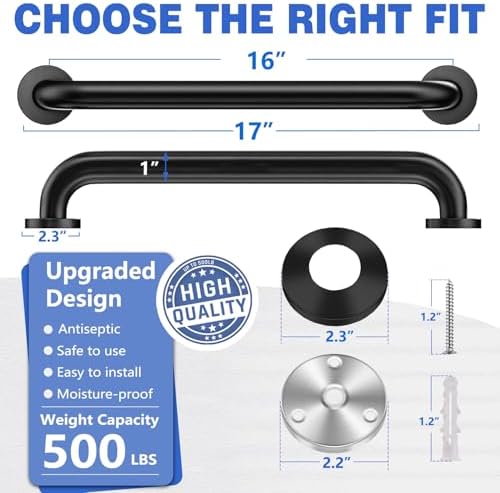Safety Grab Bars for Bathroom, 16 Inch 304 Stainless Steel Handrail, Non-Slip Shower Grab Bar for Toilet, Tub & Stairs, Indoor & Outdoor Wall Mount, Supports 500 lbs (2 Pack)