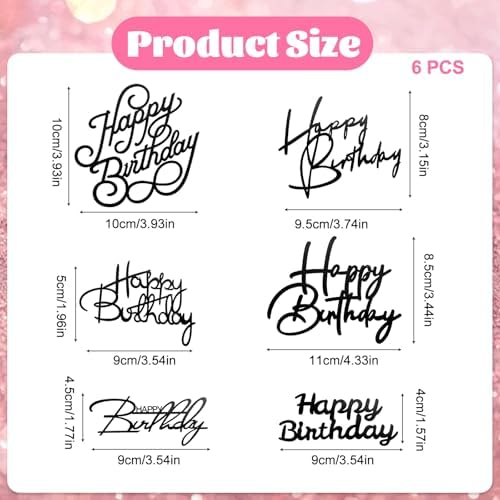 6 Pcs Black Happy Birthday Cake Toppers Acrylic Mirror Side Cake Decorations Cakes Sign Picks CupCake Tools DIY Cakes Toppers Birthday Party Supplies for Celebrating Anniversary Party