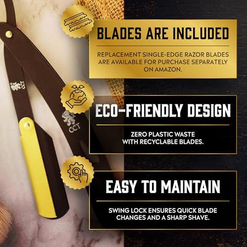 The Cambridge Cutthroat® Cut Throat Razor Kit with Blades & Travel Pouch - Black & Gold Stainless Steel Professional Barber Shaver Men - Straight Edge Moustache & Beard Shaper