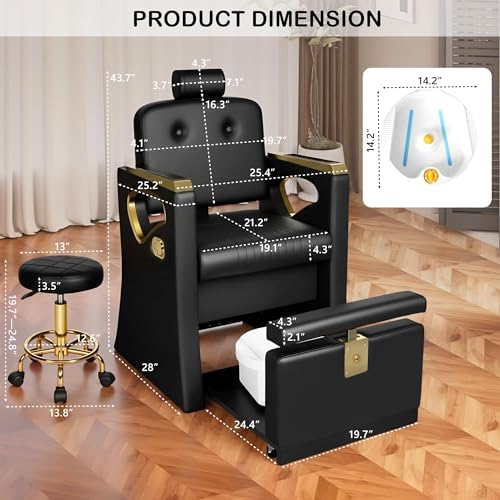 Ergonomic Pedicure Chair with Rolling Stool for Nail Tech,No Plumbing,360 Rotation Reclining,Hydraulic Adjustable,Lift Foot Spa Chair,with Massage Bath Bowl,Portable Pedicure Station