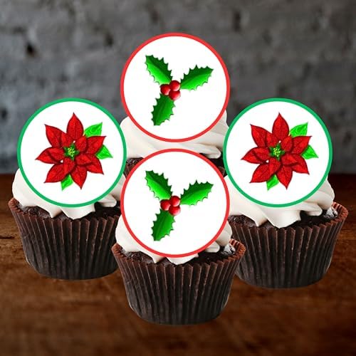 Poinsettia Holly Edible Cupcake Toppers, Christmas Cake Decorations, Christmas Cake Topper, Xmas Poinsettia Cupcake & Cookie Decor, PRECUT 4cm / 1.5 inch Wafer Discs (24)