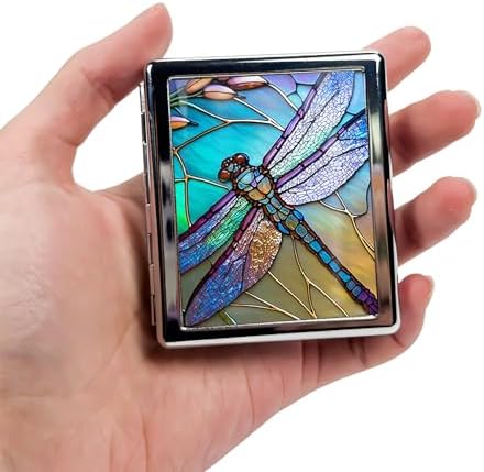 Travel Pill Organizer Small Pill Case for Purse Essentials 7 Days Cute Pill Box with Mirror Portable Pill Box for Pocket or Purse Pill Containe Travel Gifts (Art Dragonfly Stained Glass)