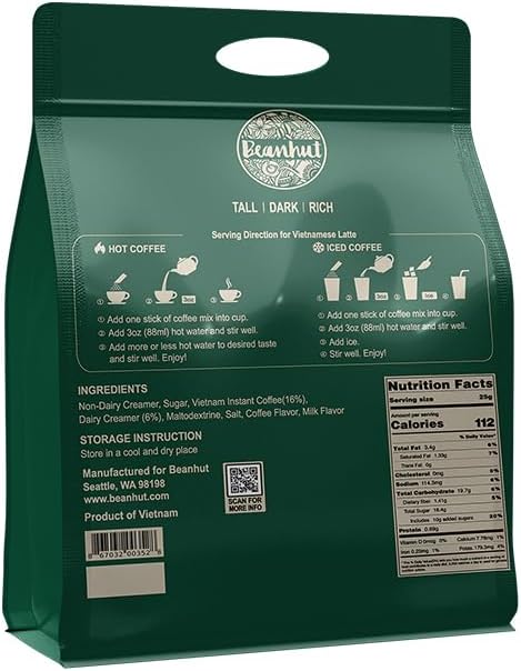 Beanhut's Vietnamese Latte, Instant Coffee Mix, 3 in 1 Coffee Mix, 25g x 50 sticks(2.75 lb)