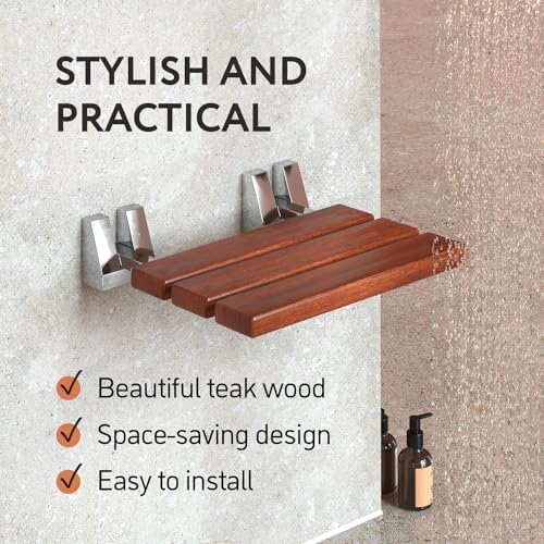 Folding Shower Seat - Teak Shower Seat Wall Mounted - 16 Inch Floating Fold Down in Shower Bench - Fold Up Bathroom Stool - Foldable Teak Wood Chair with Stainless Steel Wall Mount - 330lb Capacity