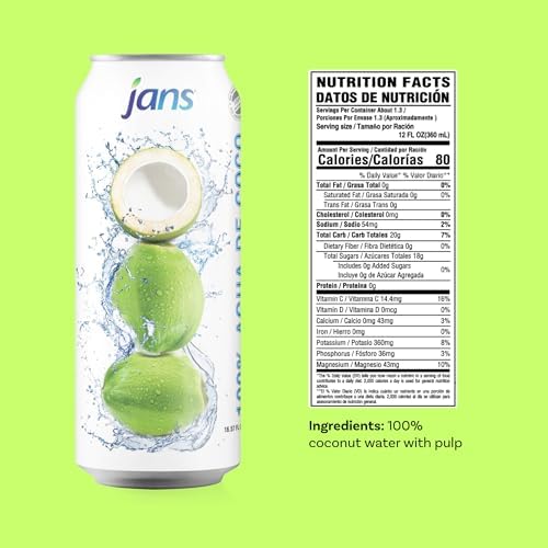 Jans 100% Pure Coconut Water with Pulp (16.57 Fl Oz, Pack of 6) NO Sugar Added | Unsweetened Coconut Water | Not from Concentrate | Non-GMO | Refreshing Taste of the Tropics