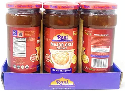 Rani Major Grey Mango Chutney (Indian Preserve) 18oz (1.1lbs) 500g Glass Jar, Ready to eat, Vegan, Pack of 5+1 FREE ~ Gluten Free, All Natural, NON-GMO