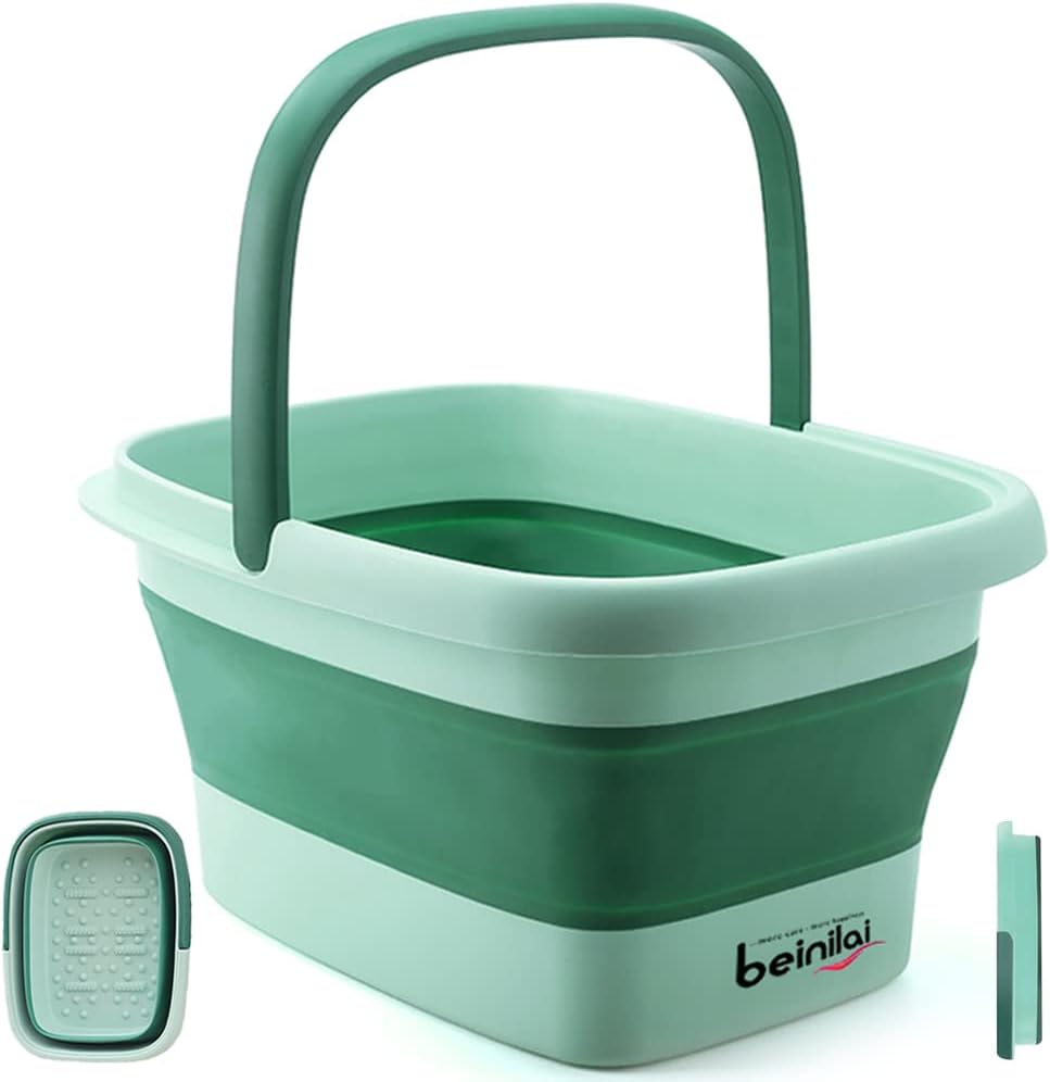 Collapsible Foot Bath Basin for Soaking Feet,Pedicure Foot Spa, Foot Tub with Handles and Massage Acupoint,Multifunction Collapsible feeting Soak Tub-Green