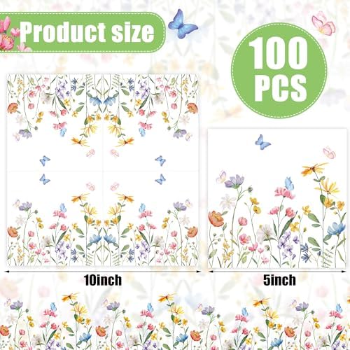 100 PCS Wildflower Cocktail Napkins Disposable Spring Floral Party Napkins 3-Ply Spring Flower Butterfly Paper Napkin for Wedding Bridal Baby Shower Birthday Tea Party Supplies