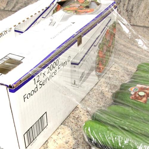 Fit Meal Prep Plastic Food Film Seal Wrap in Cutter Dispenser, Stretch Tight, Food Service Grade, 12" x 2000' Square Feet Roll