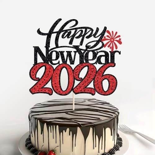 Happy New Year 2026 Cake Topper-Winter Xmas Holiday Cake Decor, Hello 2026 New Year's Eve/Christmas/Happy Holidays Party Decorations (Design 2-Black Red)