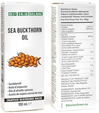 Siberian Sea Buckthorn Oil 100 Ml, Non-GMO, Unrefined, First Cold Pressed, Raw, Natural - 3.4 Fl Oz from wild harvested berries and seeds