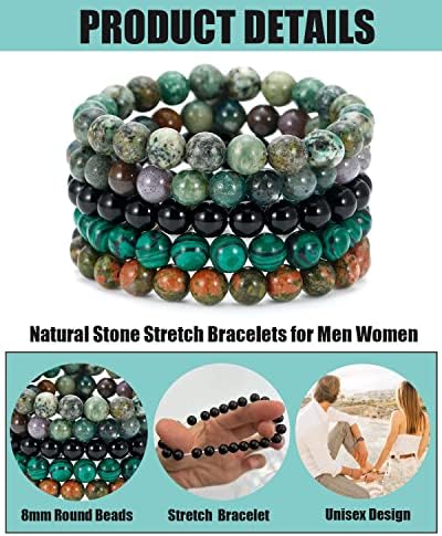 BOMAIL 5PCS Semi-Precious Gemstone Bracelet - Healing Crystal Stone Beaded Bracelets for Women Men 8mm Round Beaded Stretch Bracelets Unisex Yoga Bracelets