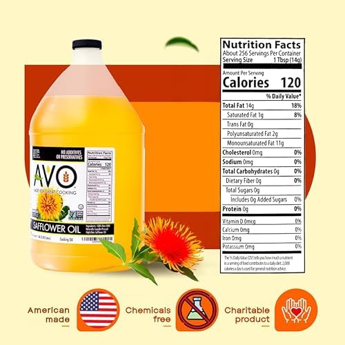 AVO High Oleic Safflower Oil Bulk, 1 Gallon, NON-GMO, Naturally Processed, High Smoke Point 510°F