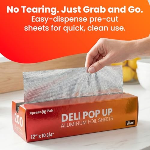 Aluminum Foil Sheets for Food - 200 Count Pre-Cut - 12” Pop Up Foil Sheets for Restaurant, Home, Sandwich or Hot Dog Tin Foil Disposable Sheets