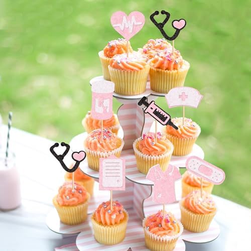 24Pcs Glitter Pink Nurse Cupcake Toppers Syringe Stethoscope Cupcake Picks for Nursing Graduation Cupcake Decors Medical Rn Nurse's Birthday Cupcake Decorations Happy Nurse's Day Party Supplies