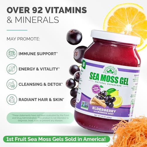 Wildcrafted Irish Sea Moss Gel | Made in USA | Rich in Vitamins & Minerals | Sea Moss Gel Raw | Nutritional Supplement | Elderberry (16 oz)
