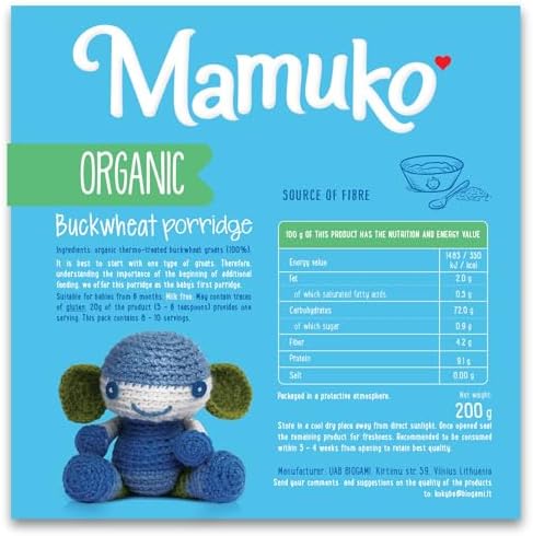 MAMUKO Baby Porridge - Buckwheat Porridge with GMO-Free - Organic Porridge for Healthy Growth & Development - Vegan Porridge Ideal for Babies 6-9 Months - (200g & 10 Servings)