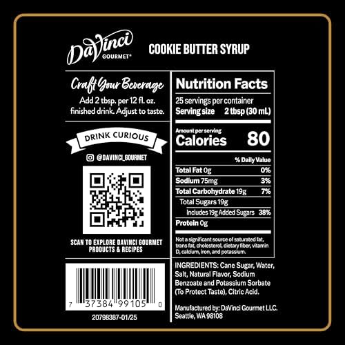DaVinci Gourmet Cookie Butter Syrup, Made with pure Cane Sugar, Dairy Friendly, 25.4 Fluid Ounces (Pack of 1)