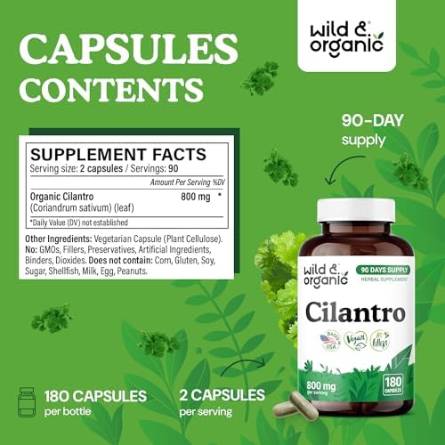 Wild & Organic Cilantro Capsules 800 mg - Detox & Antioxidant Support - Dried Cilantro Supplement - Coriander Leaf Extract - Vegan, No Fillers, Non-GMO - 180 Count