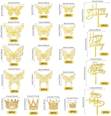 44 PCS Gold Crown Cake Decoration 16 PCS Mini Crown Tiny Crown with 24 PCS Butterfly Wall Decors and 4 PCS Birthday Cake Topper for Women Girl Crown Birthday Party Wedding Cake Decor