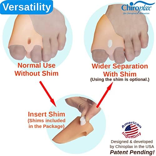 Chiroplax Bunion Corrector for Women & Men Relief Cushion Pads Hallux Valgus Guard Toe Separator Straightener Splint Protector Shield Spacer Sleeve Cover (4 Pads w/Shims, Small)