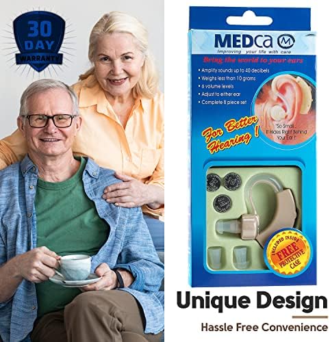 MEDca Hearing Amplifiers - Digital BTE Personal Sound Amplifier w/Noise Reduction & Volume Control, LR44 Battery Powered, 3 Ear Domes, Left or Right Use, Small & Discreet