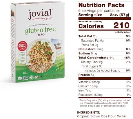 Jovial Organic Brown Rice Orzo Pasta - Gluten Free Whole Grain Orzo, Dairy Free, Made with 2 Ingredients, Non GMO, Artisan Crafted in Italy - 12 Oz