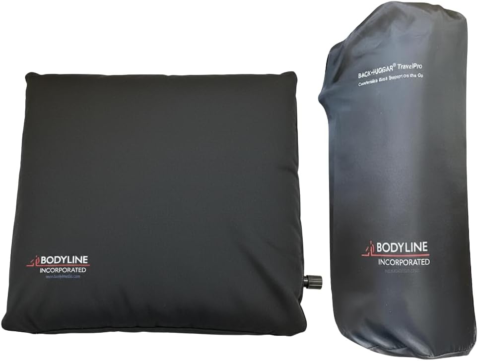 Travel Pro Self-Inflatable Foam Filled Lumbar Cushion Pillow for Airplane Travel, Cars, and Office Chairs and Provides Lumbar Support, Ergonomic Design Adjustable Firmness Carrying Bag