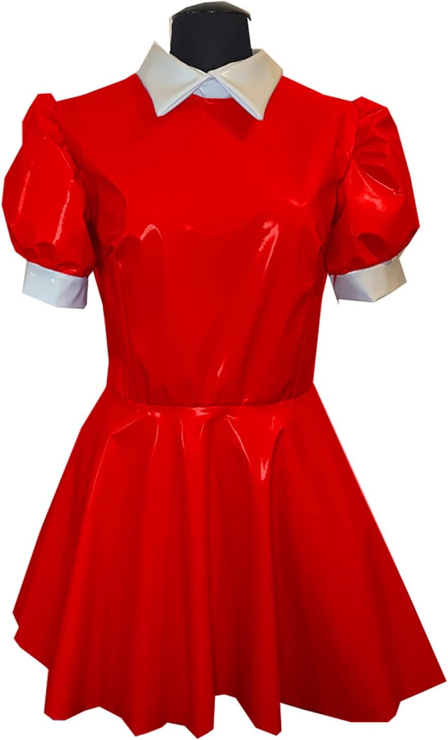 PVC Mini Dress Turtleneck PU A line Dress Faux Leather Turn-Down Collar Dress,Red,XL