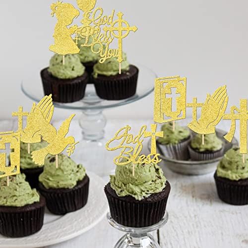 Rsstarxi 24 Pack God Bless and Cross Cupcake Toppers Dove Girl Baptism Cupcake Picks First Communion Cake Decorations for Religious God Bless Baptism Baby Shower Kids Birthday Party Supplies Gold