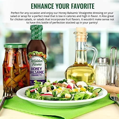 Walden Farms Honey Balsamic Vinaigrette – Calorie-Free, Low Carb, Keto-Friendly, Vegan, Sugar-Free Dressing with Sweet Honey & Tangy Balsamic – 12 oz Bottle