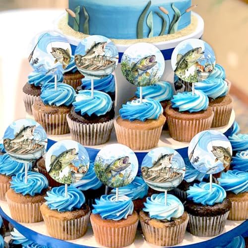 24pcs Fishing Cupcake Toppers Bass Fishing Birthday Party Decorations Gone Fishing Party Decorations Bass Cake Decorations Gone Fish Themed Birthday 1st Fisherman Baby Shower Birthday Party