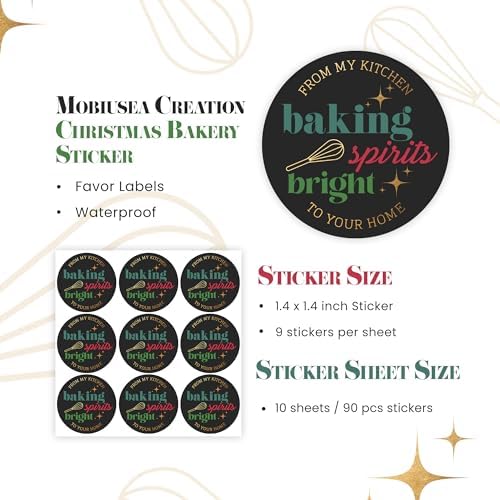 Mobiusea Creation Christmas Bakery Stickers | Christmas Decoration | 1.4 inch | Gold Foil | Inspirational Positive Word | Waterproof | 90-Pack for Cookies, Bakery Box