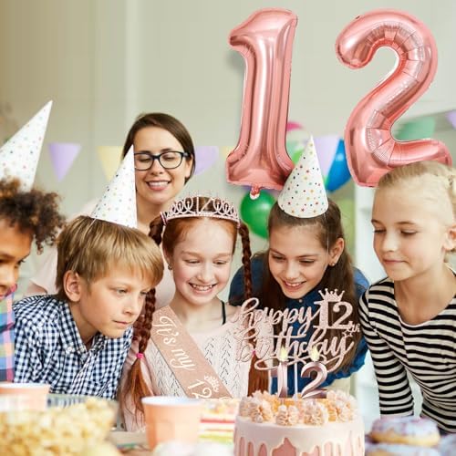 12th Birthday Decorations for Girls, Including 12th Birthday Sash and Tiara, Cake Topper and Candles, Number Balloons, 12 Year Old Gifts for Girls