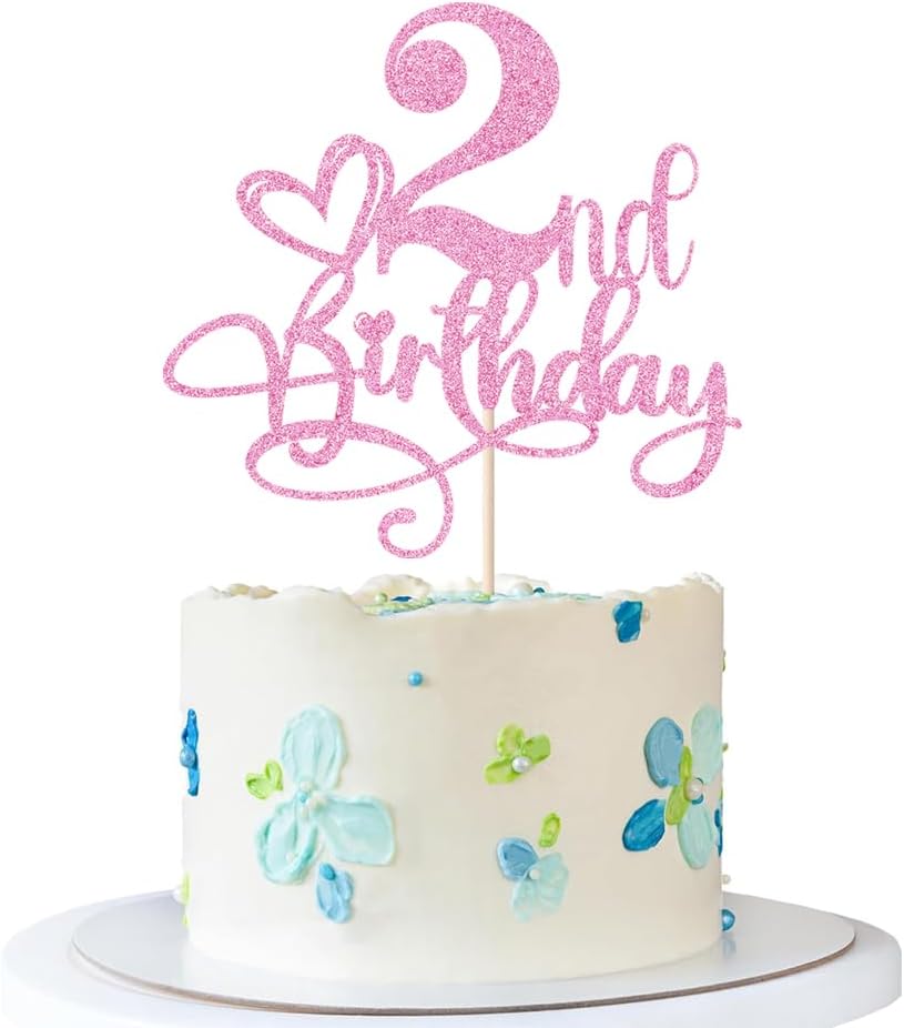 Happy 2nd Birthday Cake Topper，Anniversary Party/Boy or Girl Two Year Old Birthday Party Supplies Pink Glitter