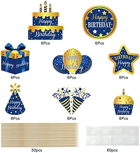 Lnlofen 48Pcs Happy Birthday Cake Toppers Decorations for Boys Men, Blue Gold Birthday Cupcake Toppers, 16th 21st 30th 40th 50th 60th 70th Bday Cupcake Picks Party Supplies