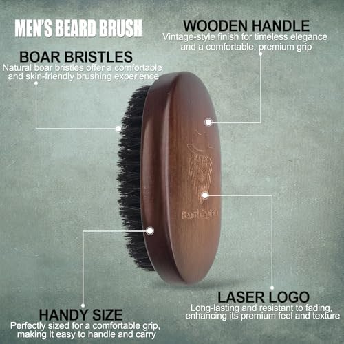 100% Boar Bristle Beard Brush for Man – Retro Wooden Handle, Promotes Beards Growth & Softens, Travel Size